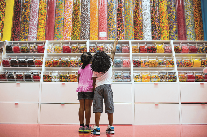 kids pointing at candy wall
