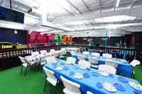 party tables above trampoline area